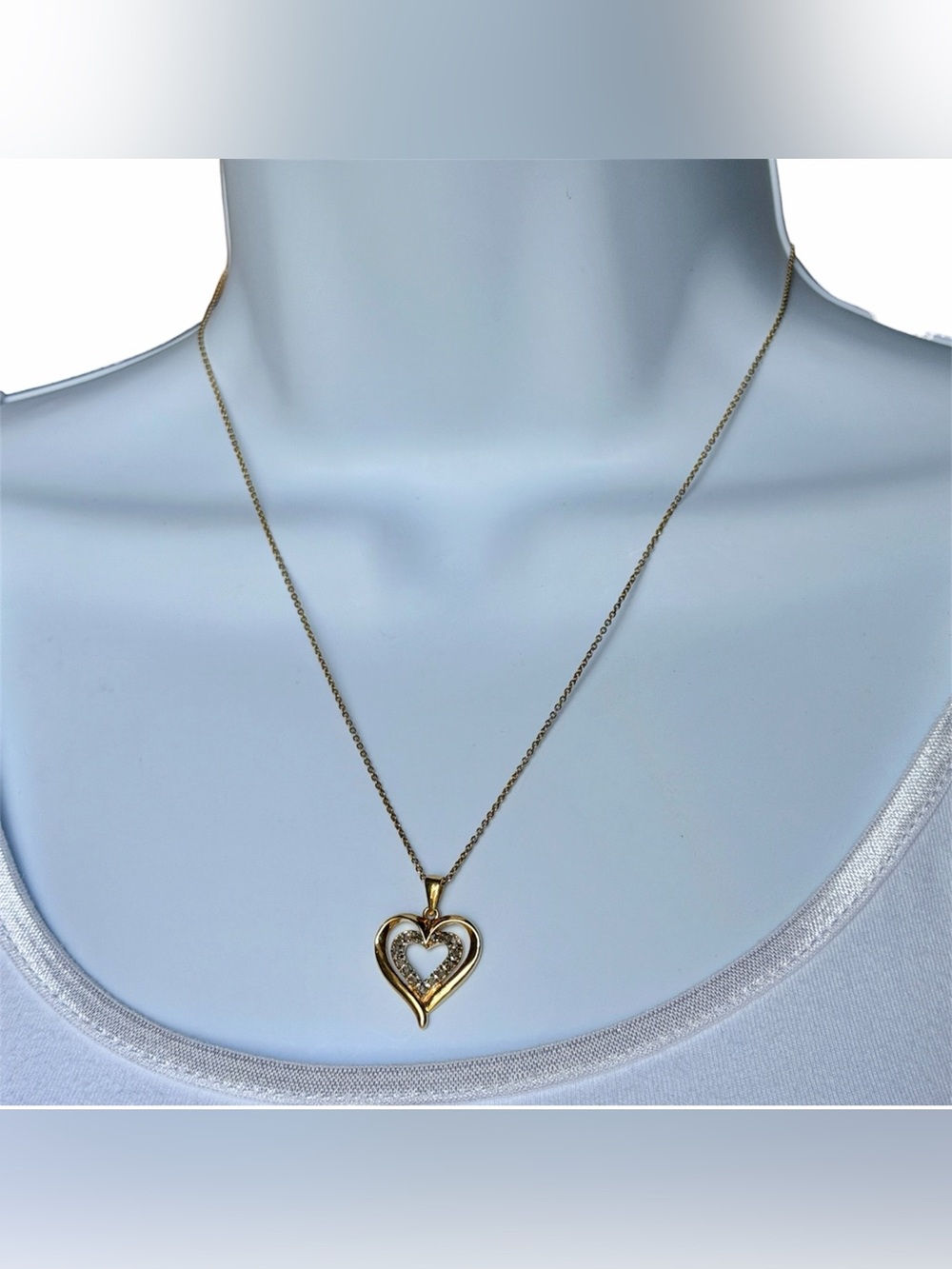 Sterling Silver Gold Vermeil Heart Pendant 18” Necklace Crystal Accents Feminine